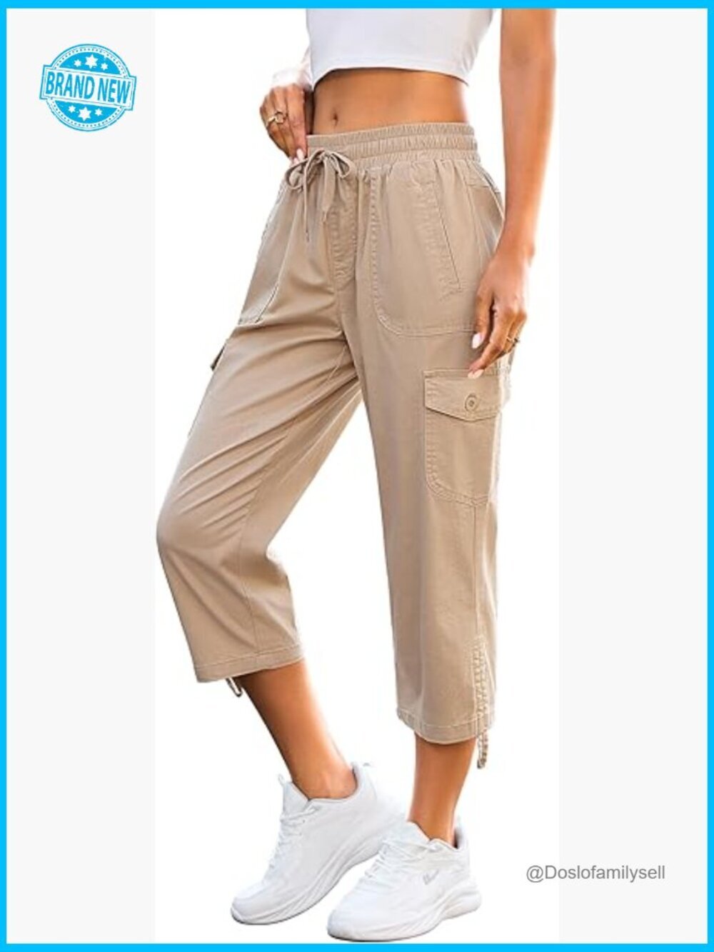 Cargo Capri Pants Drawstring Elastic Waist Lightweight Hiking Pockets S-XXL